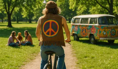 Hnutí hippies v obraze – mladý hipík na kole