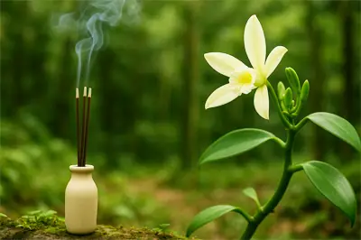 Zapalovací vonné tyčinky a rostlina vanilka