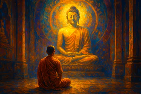 Mnich meditující před sochou Buddhy v chrámu