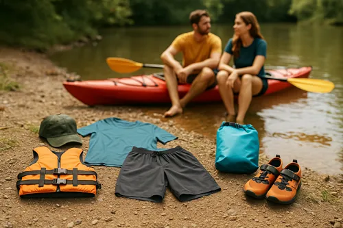 Jaké oblečení na vodu zvolit: tričko, kraťasy, kšiltovka vodácká vesta, voděodolný vak a bot.