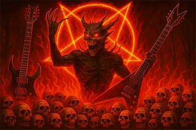 Pentagram v kruhu za démonem s kytarou a lebkami v ohnivé scéně.